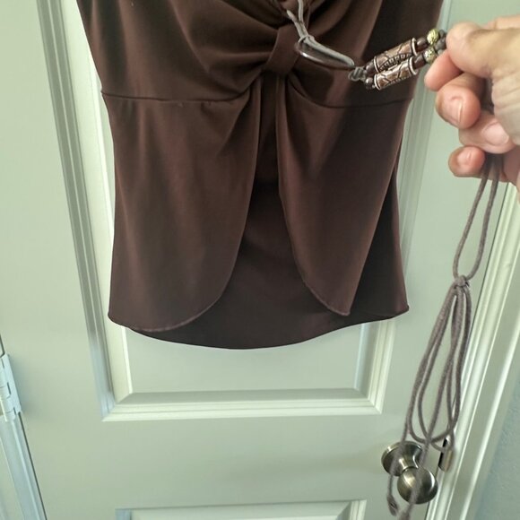 Brown Sleeveless Ruched Detail Top With Beaded Tie Accent By I.D.F.Y Medium - Picture 5 of 7